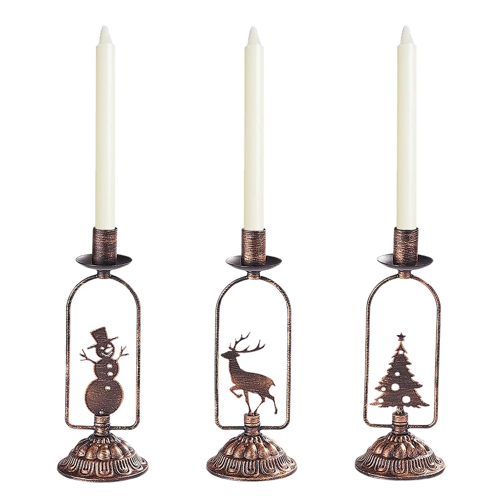 Three decorative candle holders with Christmas-themed designs on a white background