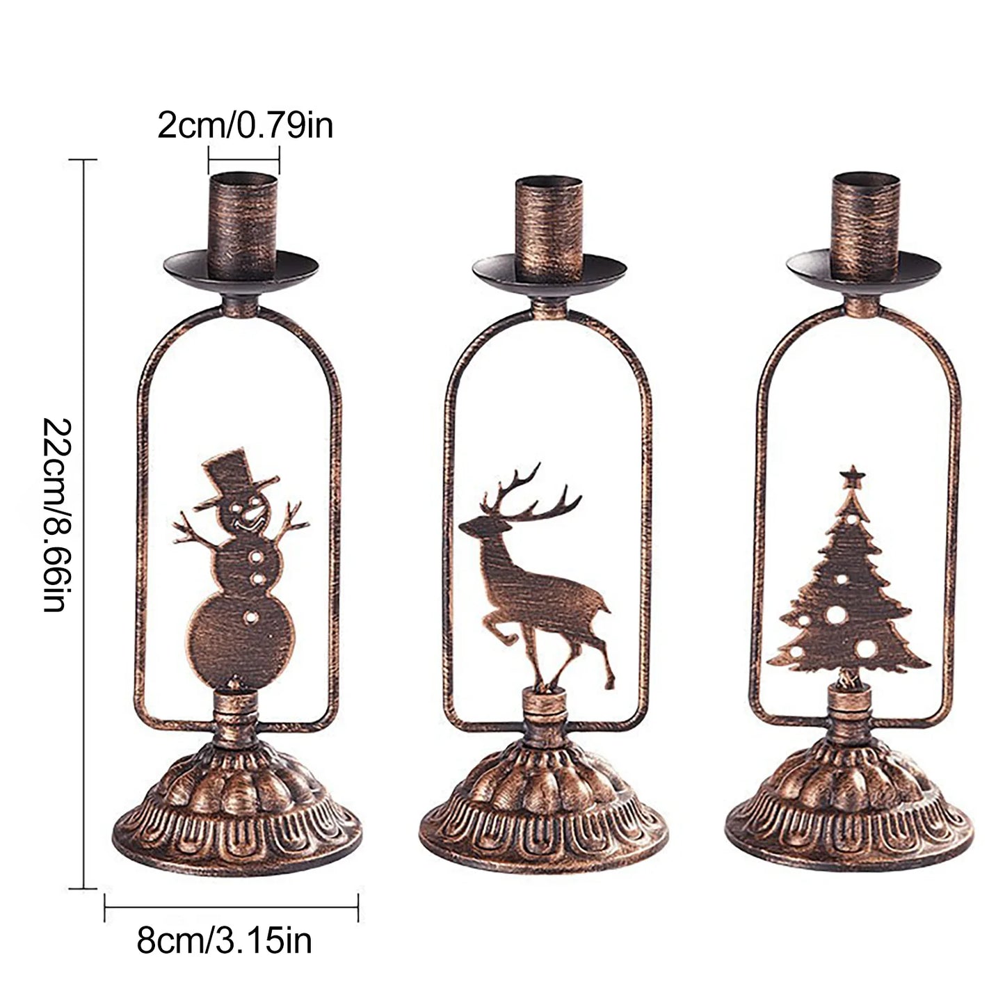 Set of 3 Iron Candle Holders with Christmas Tree, Snowman, and Deer designs in vintage bronze finish