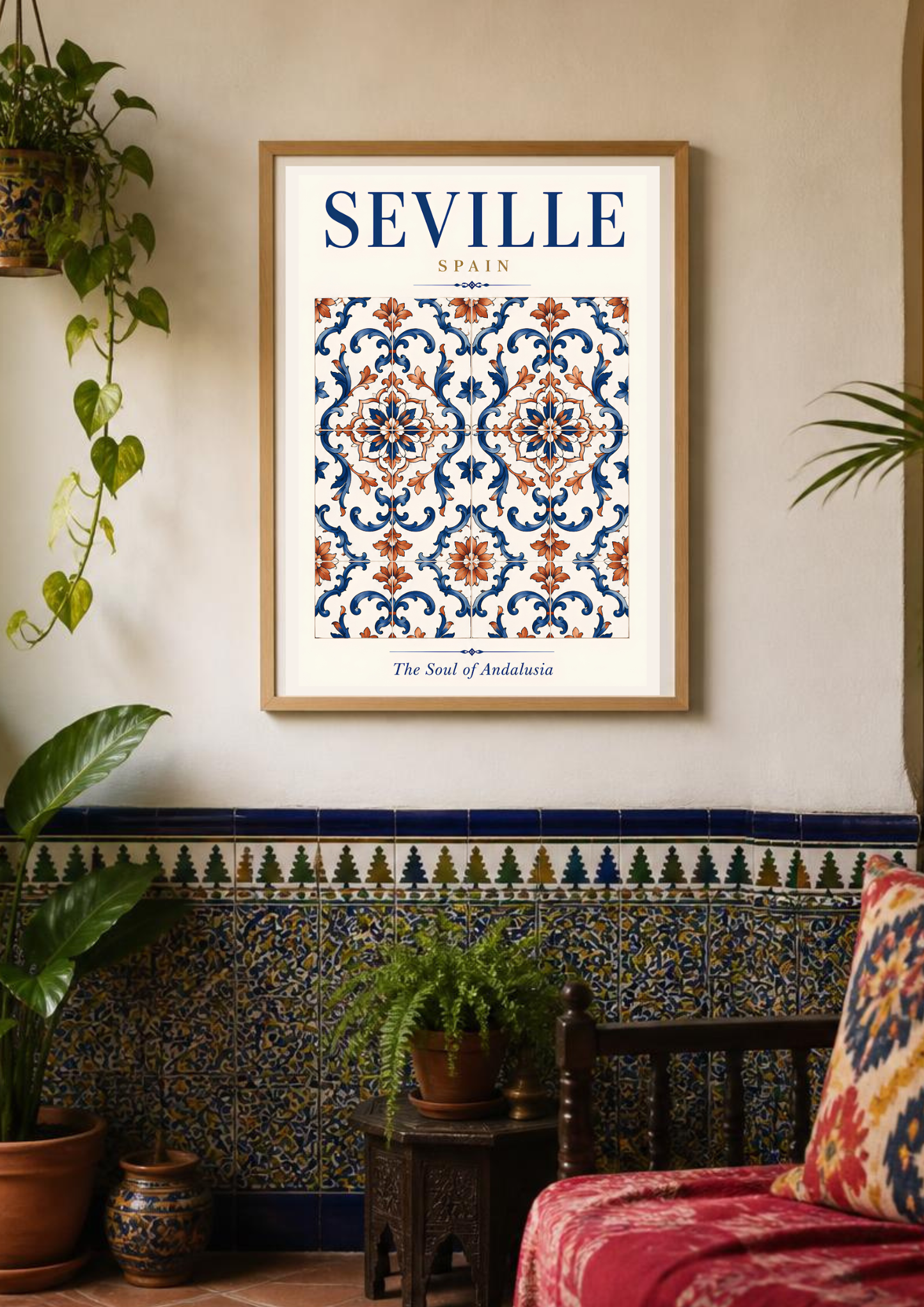 A framed art print featuring a traditional Spanish tile pattern labeled 'SEVILLE SPAIN' and 'The Soul of Andalusia', displayed on a wall in a decorated room with plants and a patterned cushion.