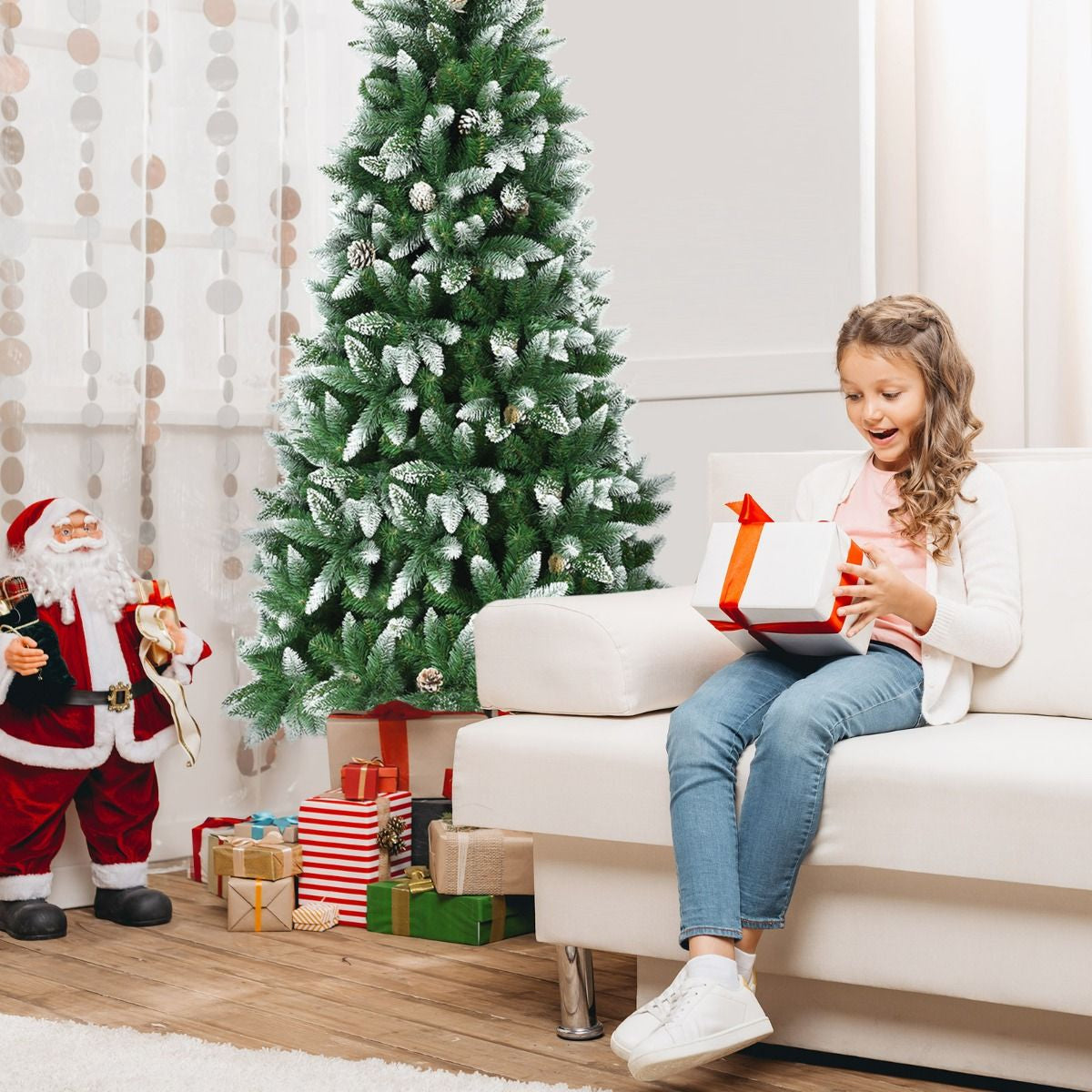 Snow-Flocked Pencil Hinged Artificial Christmas Tree with Pine Cones