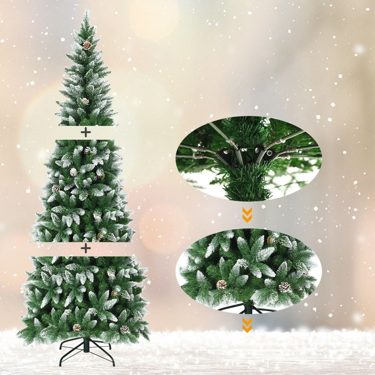 Snow-Flocked Pencil Hinged Artificial Christmas Tree with Pine Cones