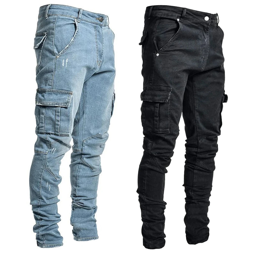 Two pairs of jeans, one light blue and one black, on a white background.