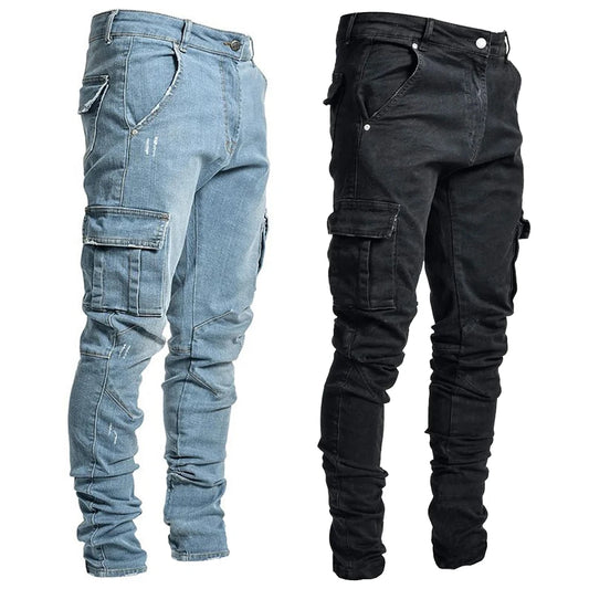 Two pairs of jeans, one light blue and one black, on a white background.