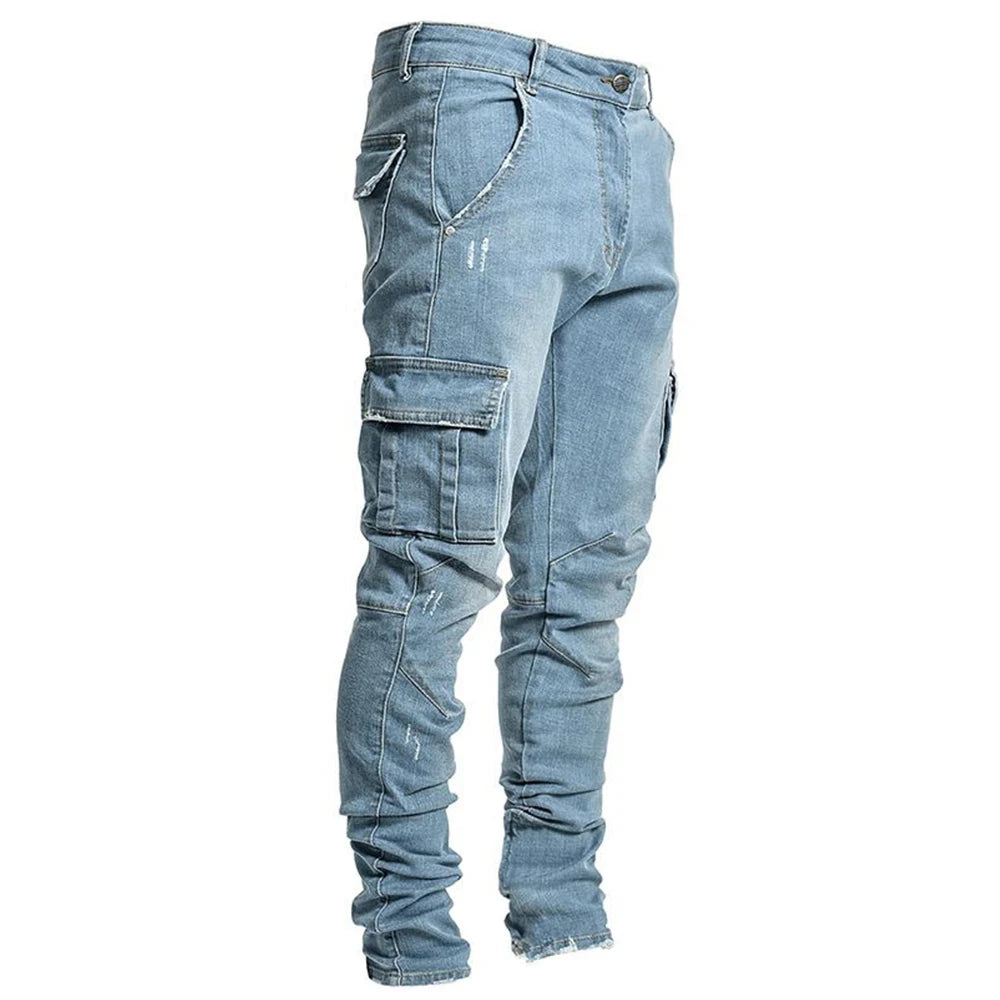 Light blue jeans with multiple pockets on a white background