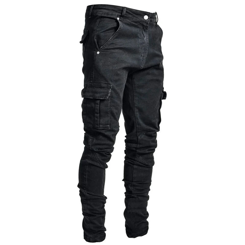 Black cargo pants on a white background
