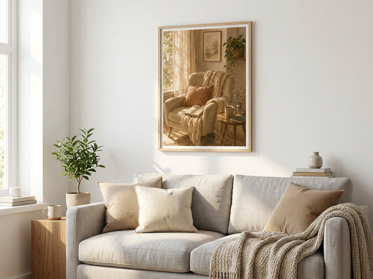 Warm neutral reading corner wall art styled above modern beige sofa in Scandinavian living room