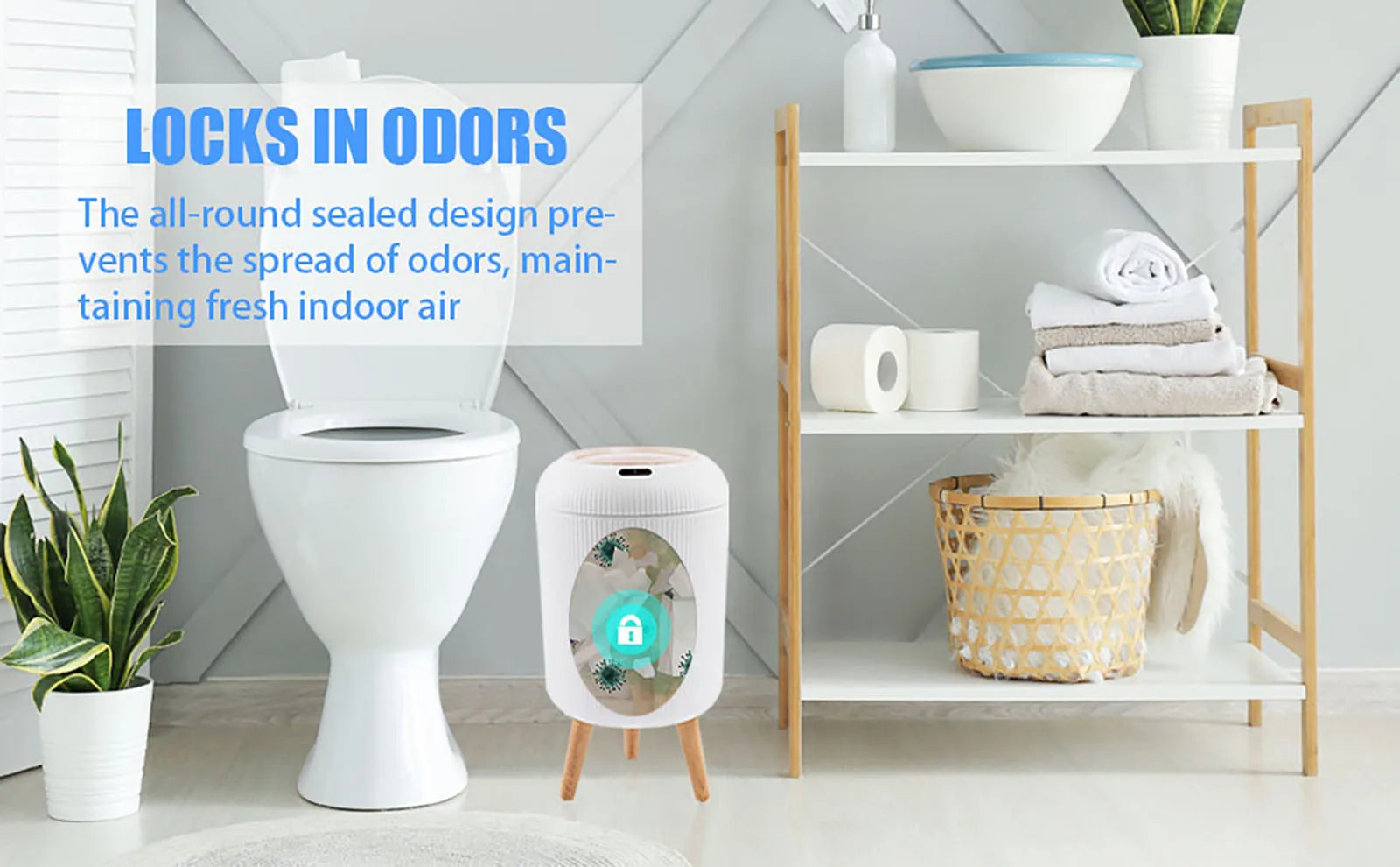 Bathroom setting with a toilet and air freshener, featuring text about odor control.