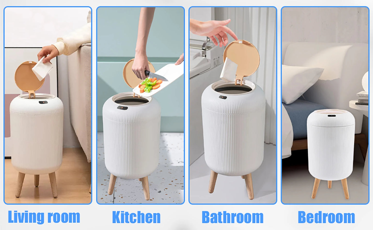 White smart trash can with motion sensor lid and minimalist design showing rooms in the house it would be suitable for