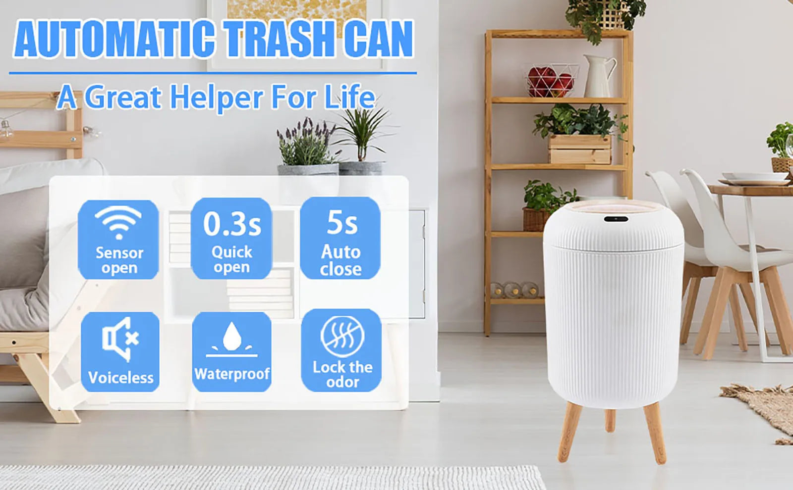 White smart trash can with motion sensor lid and minimalist design.