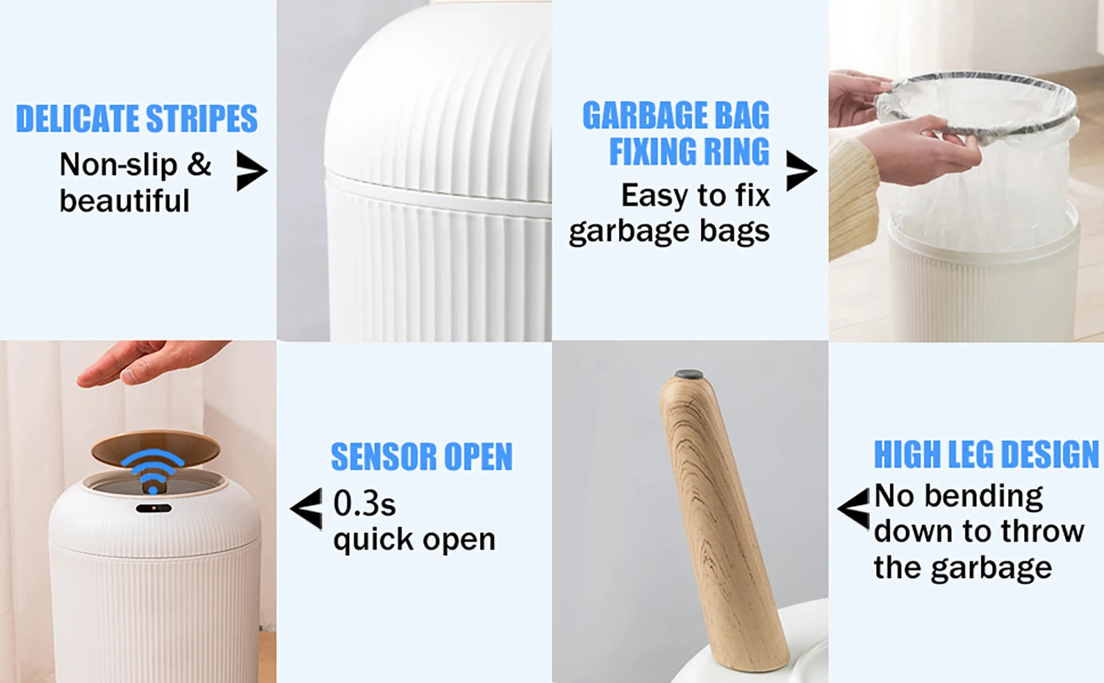 White smart trash can with motion sensor lid and minimalist design.