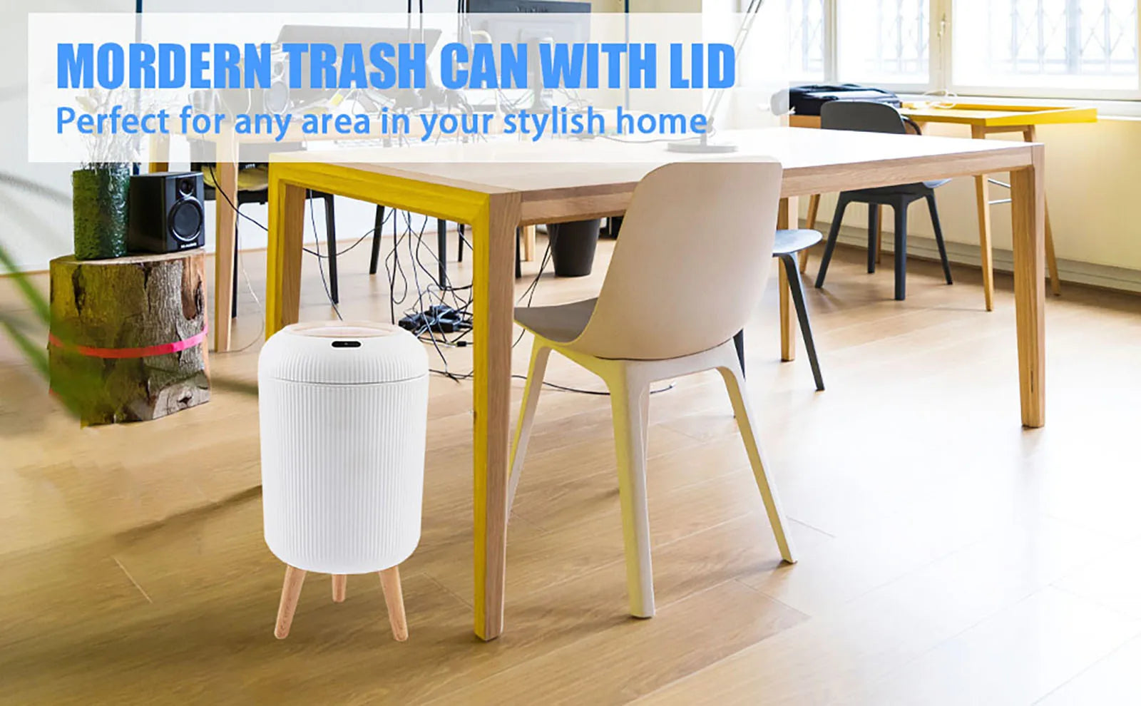 White smart trash can with motion sensor lid and minimalist design shown in a modern office space