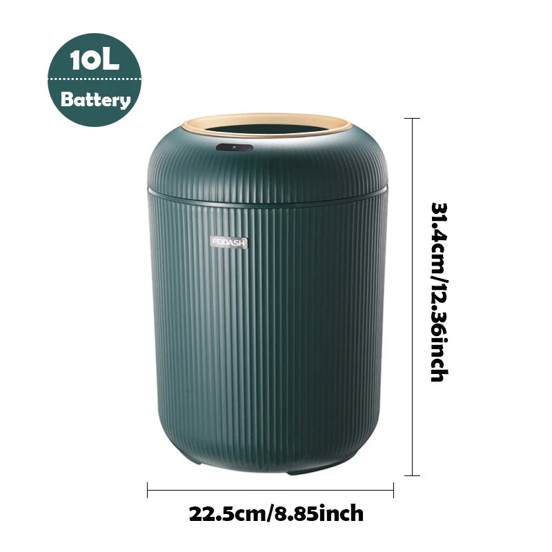 Green smart trash can with motion sensor lid and minimalist design. Showing the dimensions
