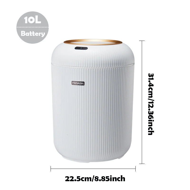 White smart trash can with motion sensor lid and minimalist design.