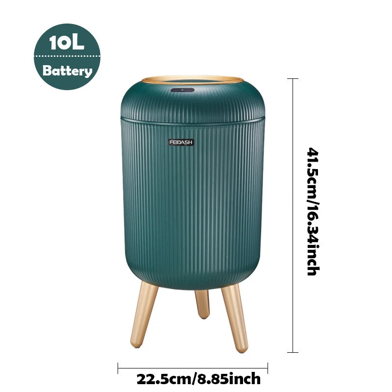 Green smart trash can with motion sensor lid and minimalist design.