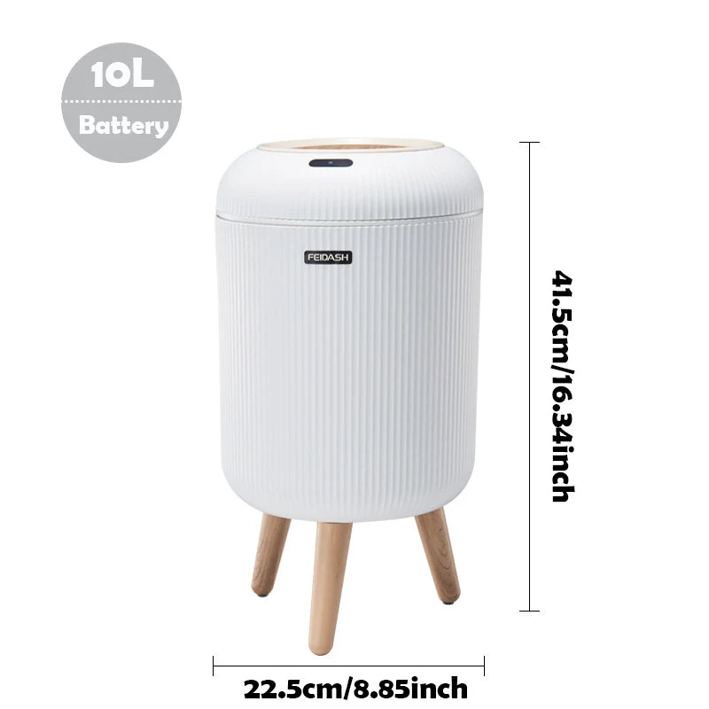 White cylindrical trash bin with wooden legs and dimensions displayed on a white background