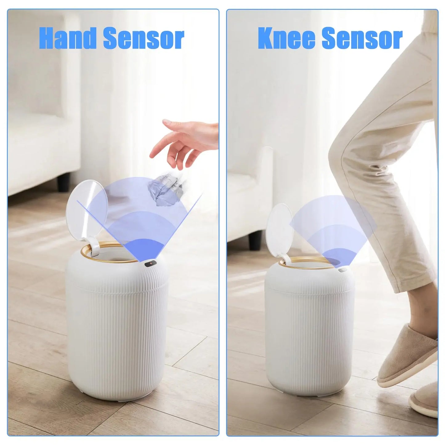 White smart trash can with motion sensor lid and minimalist design showing hand sensor motion