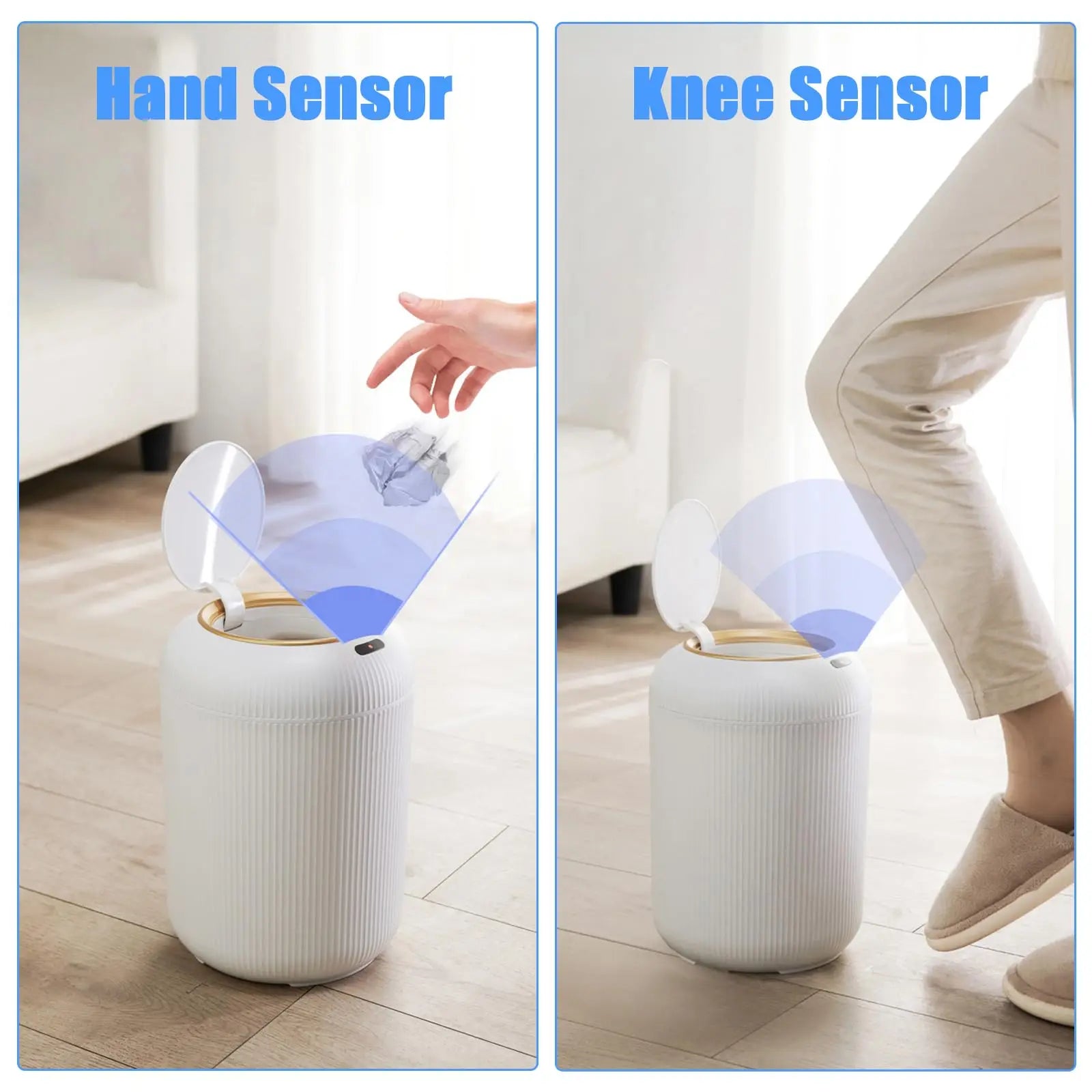 White smart trash can with motion sensor lid and minimalist design showing hand sensor motion