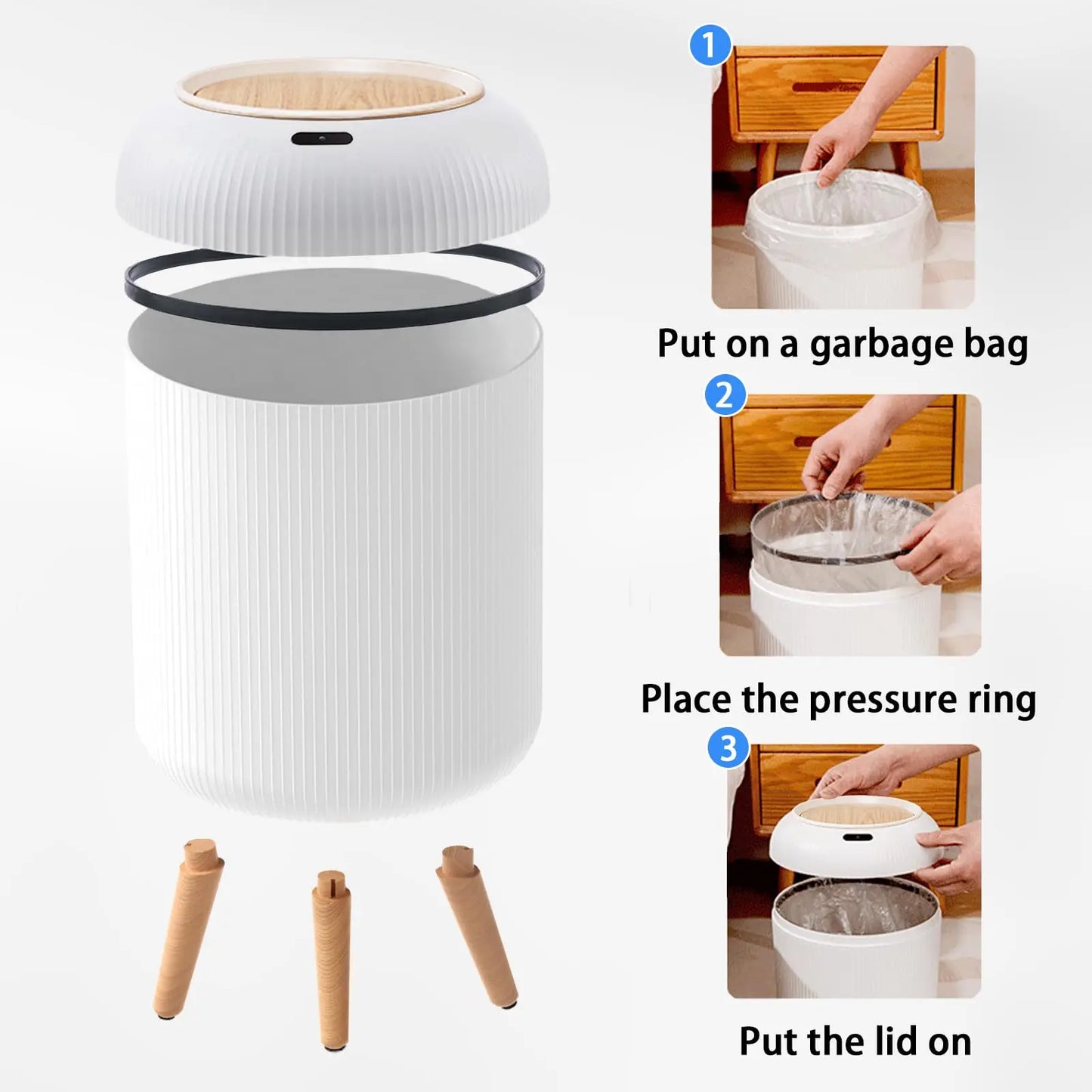 White smart trash can with motion sensor lid and minimalist design. Showing how to put the garbage bag in