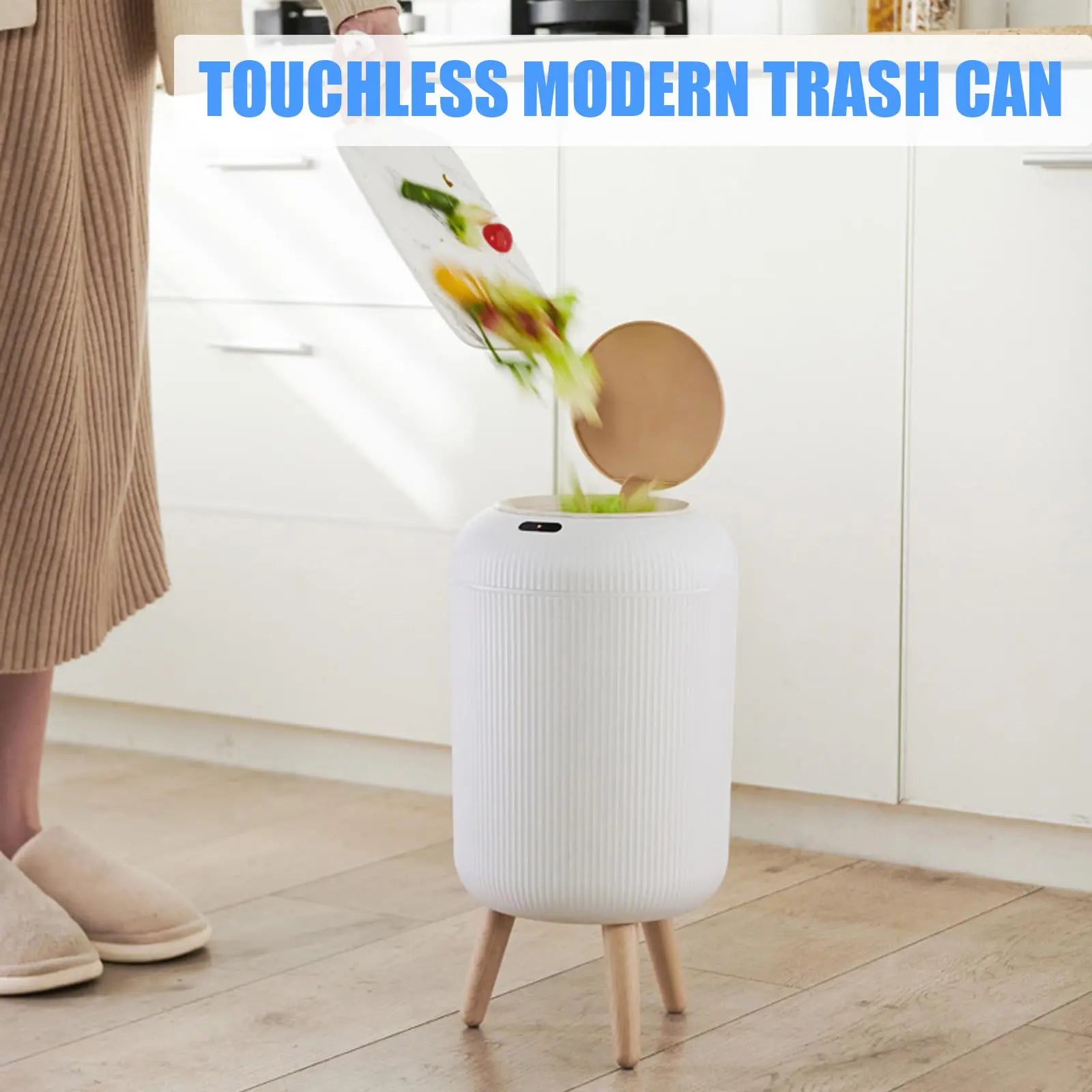 Dark green smart trash can with motion sensor lid and minimalist design. Showing the touchless motion
