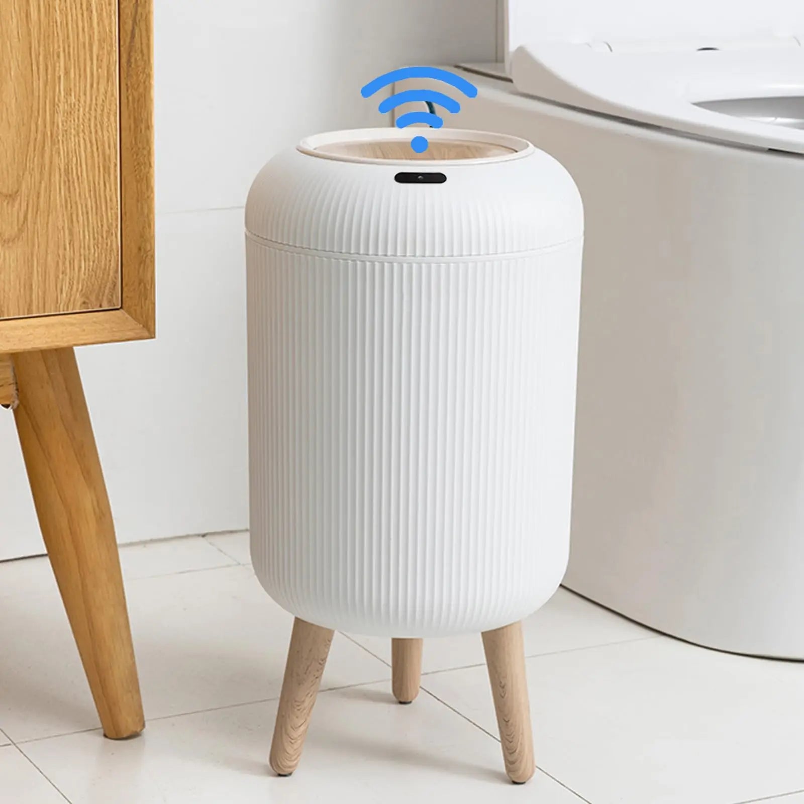 White smart trash can with motion sensor lid and minimalist design.
