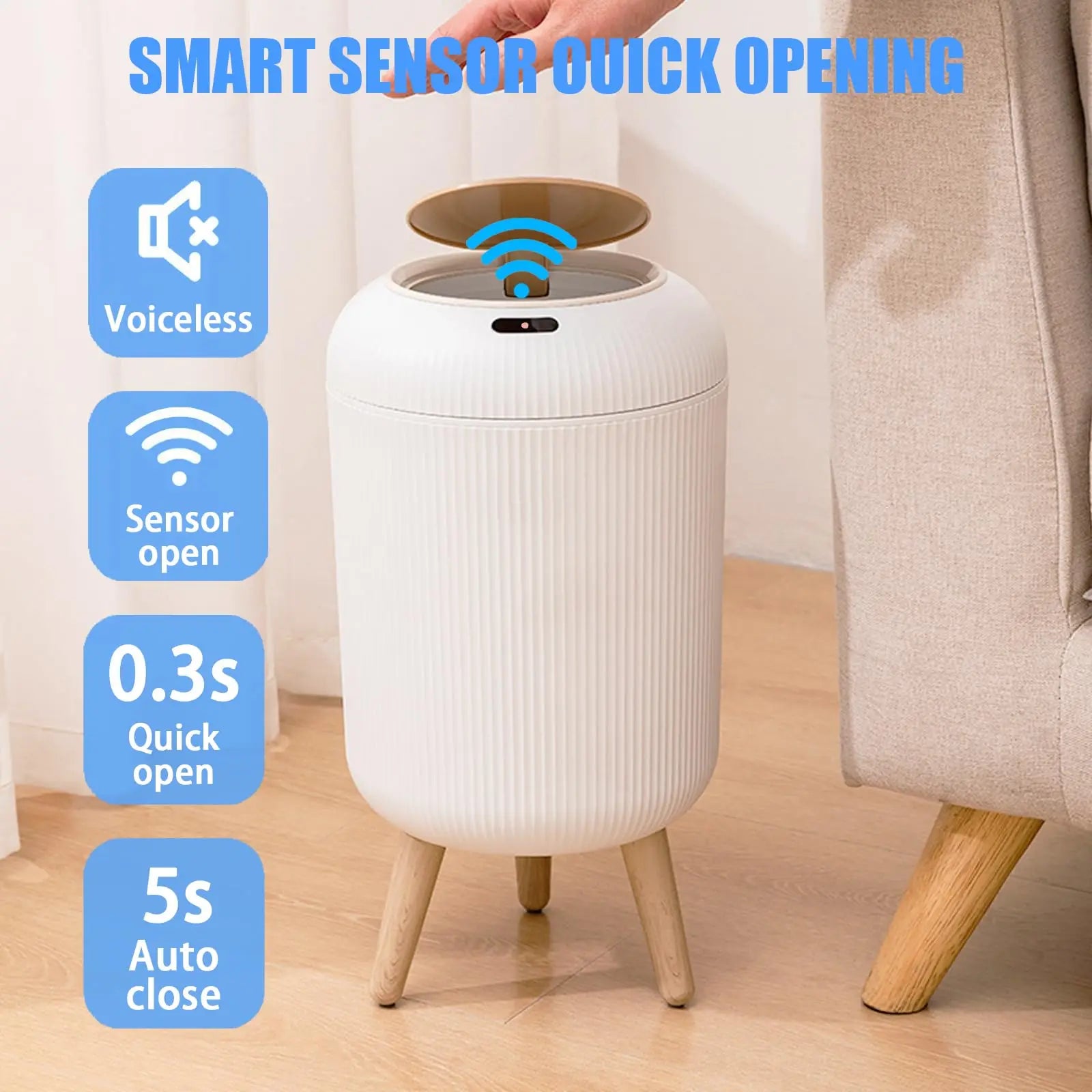 White smart trash can with motion sensor lid and minimalist design.