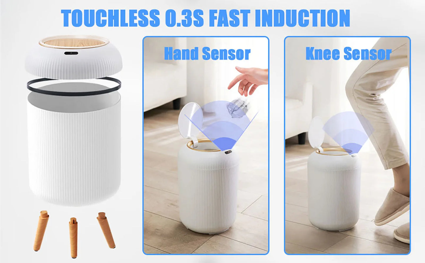 White smart trash can with motion sensor lid and minimalist design.