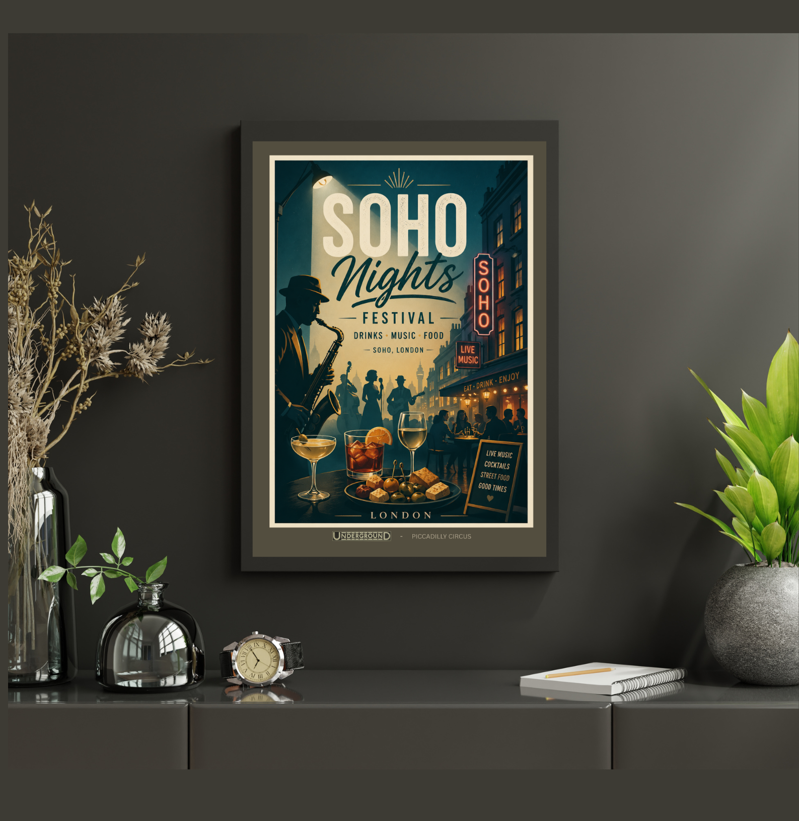 Framed poster of 'Soho Nights' festival on a dark wall with decorative items.