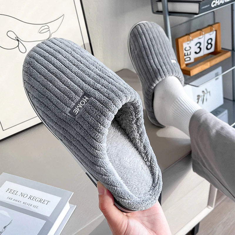 Solid Color Cotton Plush Slippers – Warm Winter Non-Slip Indoor Shoes