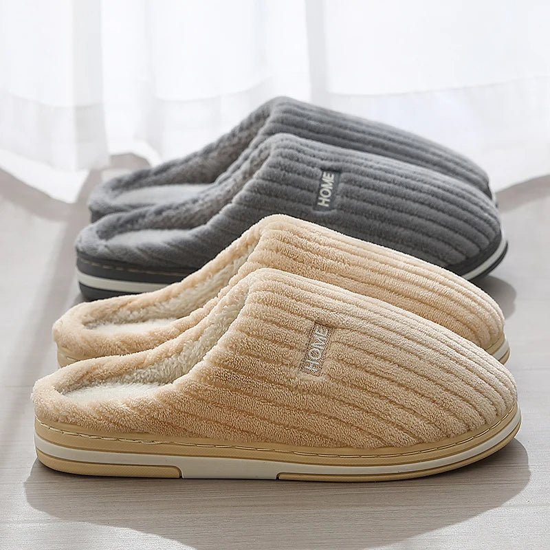 Solid Color Cotton Plush Slippers – Warm Winter Non-Slip Indoor Shoes