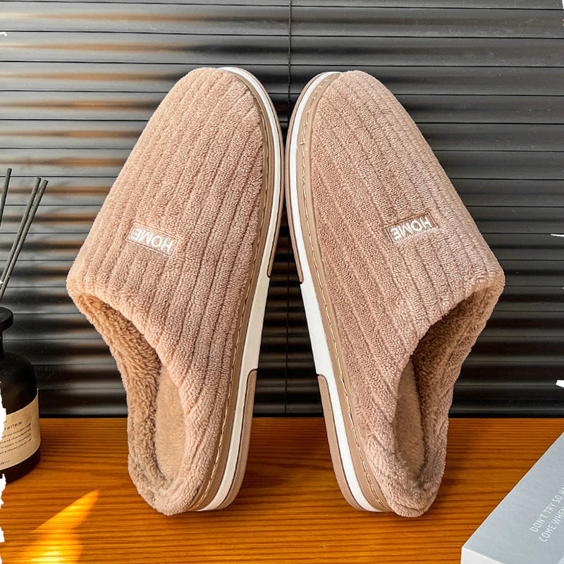 Solid Color Cotton Plush Slippers – Warm Winter Non-Slip Indoor Shoes