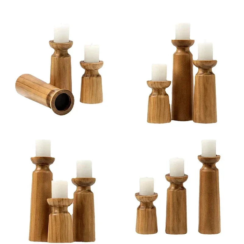 Set of wooden candle holders with candles on a white background