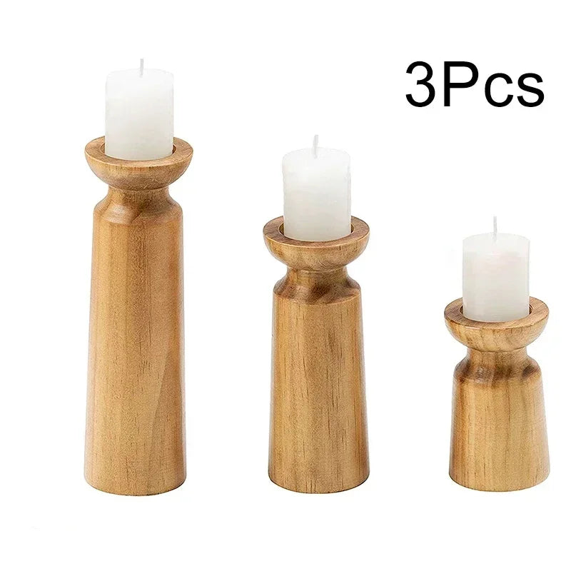 Three wooden candle holders with white candles on a white background, labeled '3Pcs'.