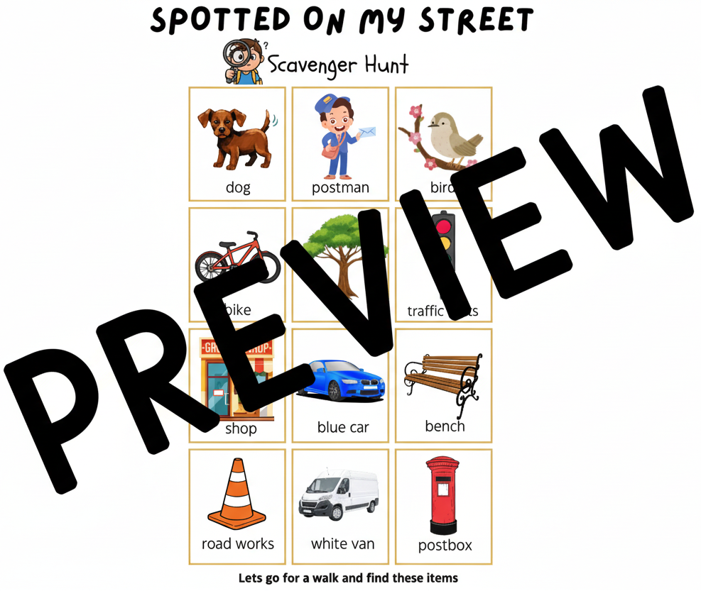Scavenger hunt chart with illustrations and labels for various items on a street.