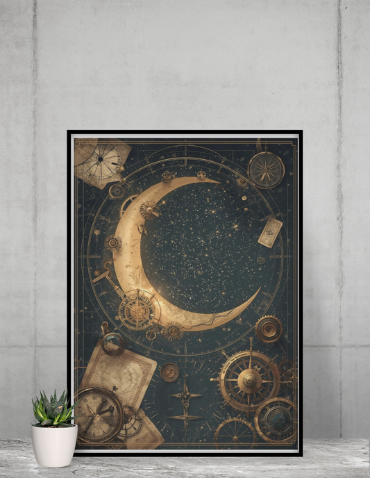 Steampunk Celestial Moon Poster – Vintage Astronomical Gears Wall Art featuring intricate clockwork and cosmic star chart design, perfect for steampunk home decor.