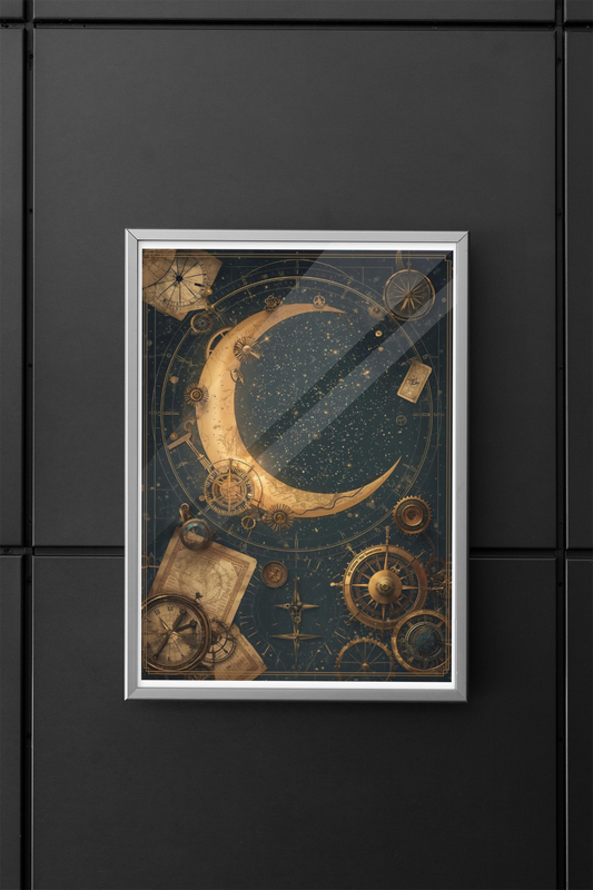 Steampunk crescent moon poster with vintage gears displayed in a minimalist living room