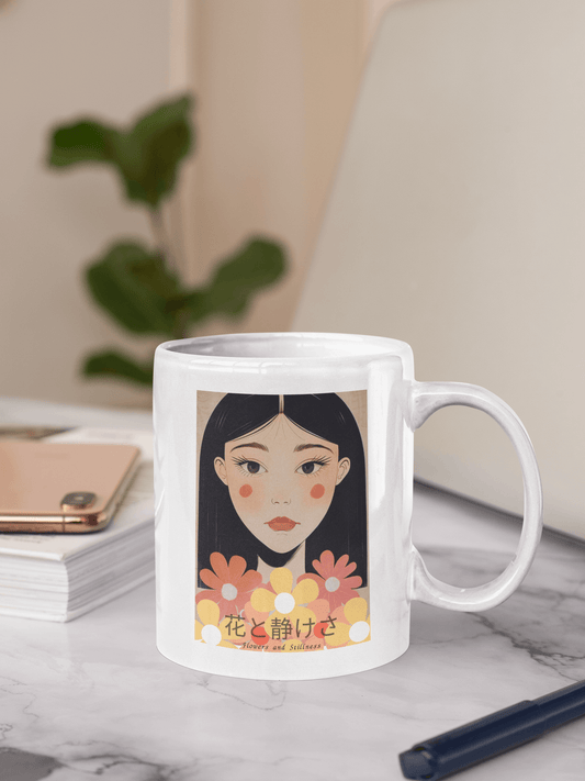 White ceramic mug featuring a peaceful Japanese-style portrait of a woman with flowers, placed on a marble desk next to a notebook and pen.
