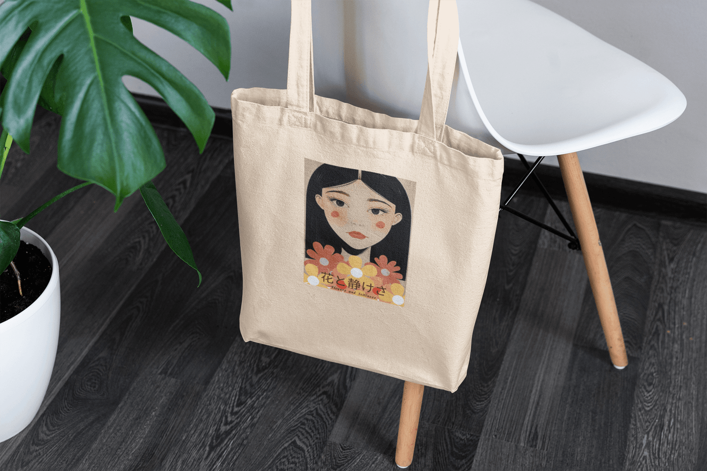 Flowers & Stillness Tote Bag – Japanese Portrait Eco Canvas Shopper – Artistic Floral Carryall Gift