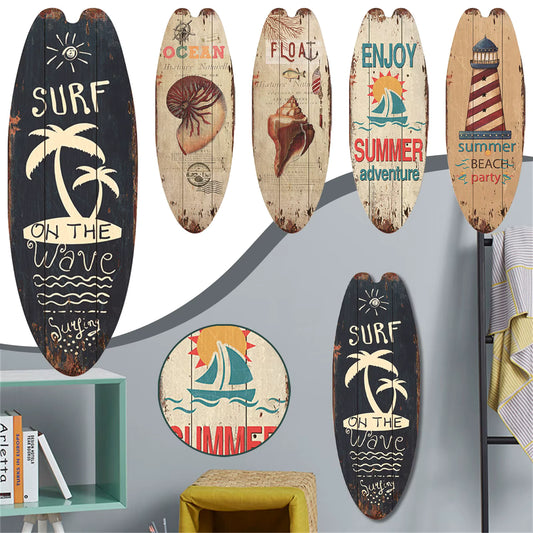 wooden surfboard wall hanging beach bar sign with printed coastal design