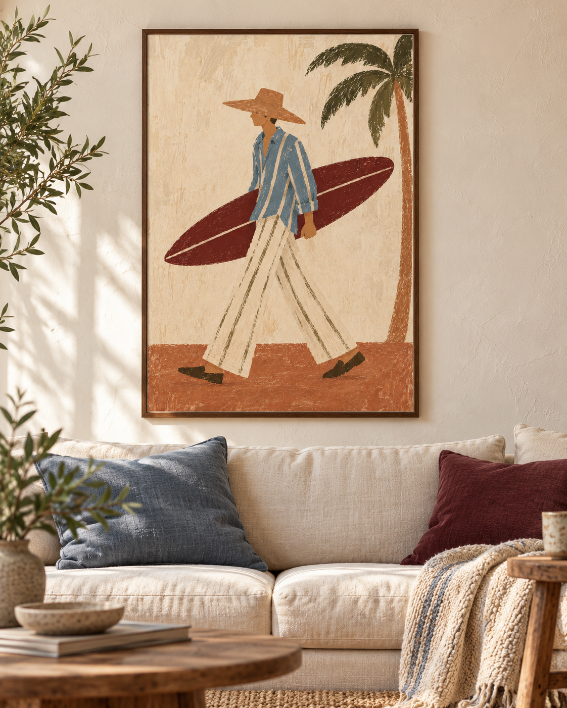 A framed wall art print featuring a retro-style illustration of a man carrying a surfboard, hung above a beige sofa with blue and burgundy pillows in a sunlit living room.