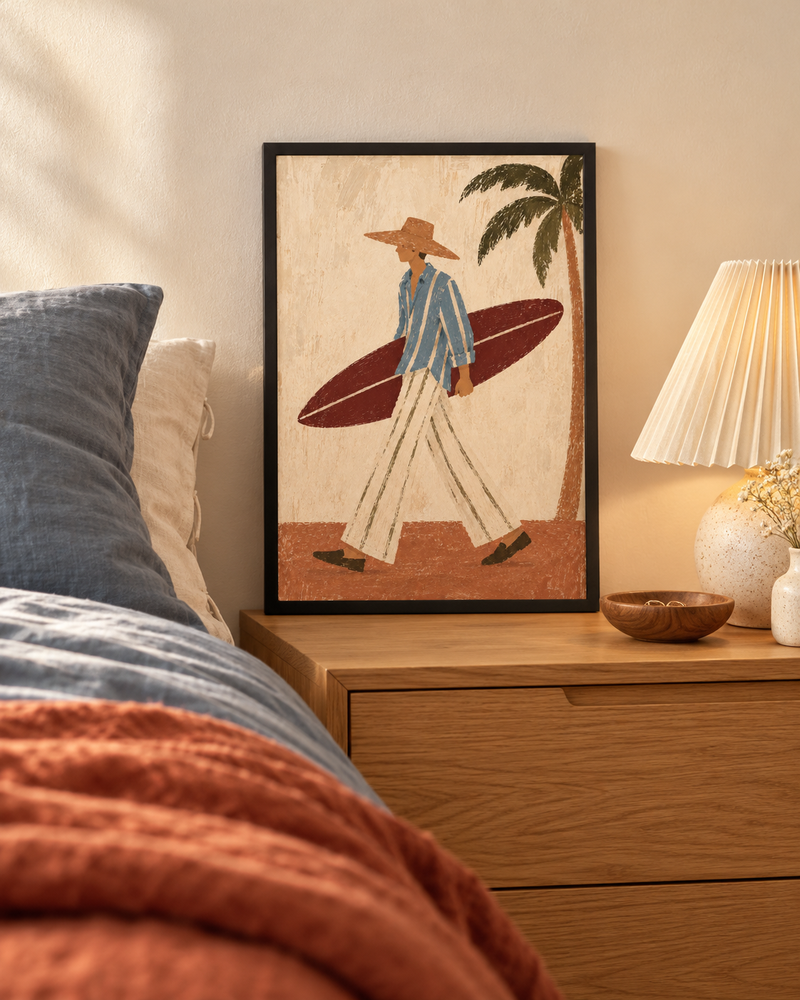 A framed art print featuring a retro-style illustration of a man carrying a surfboard under his arm, styled on a wooden nightstand next to a bed with blue and rust-colored bedding.