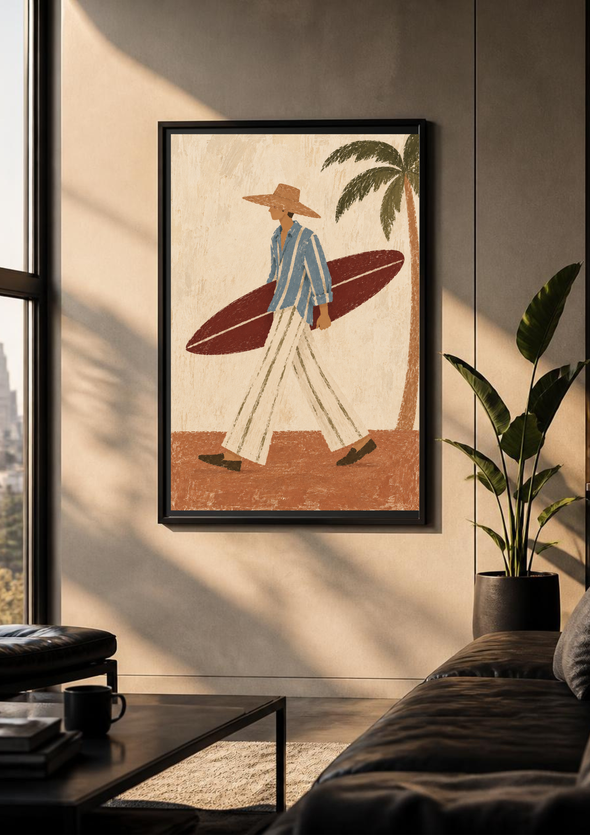 A framed art print featuring a retro-style walking surfer with a blue striped shirt, white pants, and a red surfboard, displayed on a beige wall in a modern living room setting.