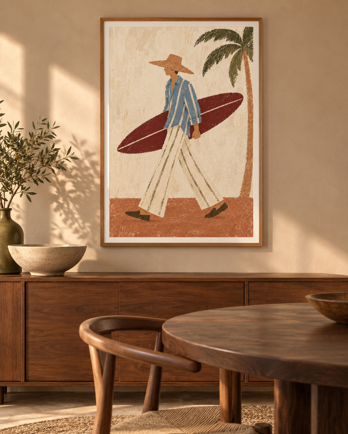 A framed art print featuring a stylized illustration of a man carrying a surfboard walks past a palm tree, hanging on a beige wall above a wooden sideboard in a warm, modern interior setting.