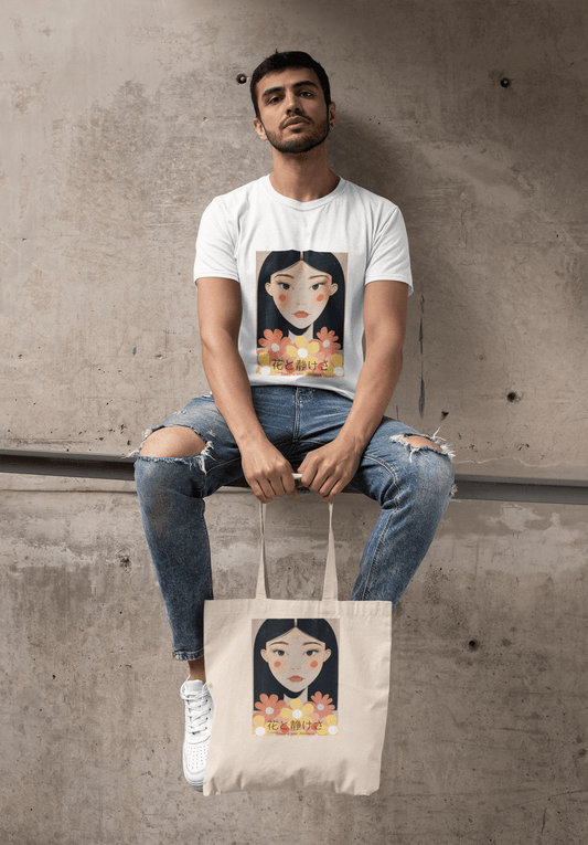 Flowers & Stillness Tote Bag – Japanese Portrait Eco Canvas Shopper – Artistic Floral Carryall Gift