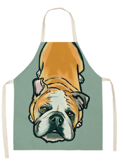 Apron with a bulldog design on a green background