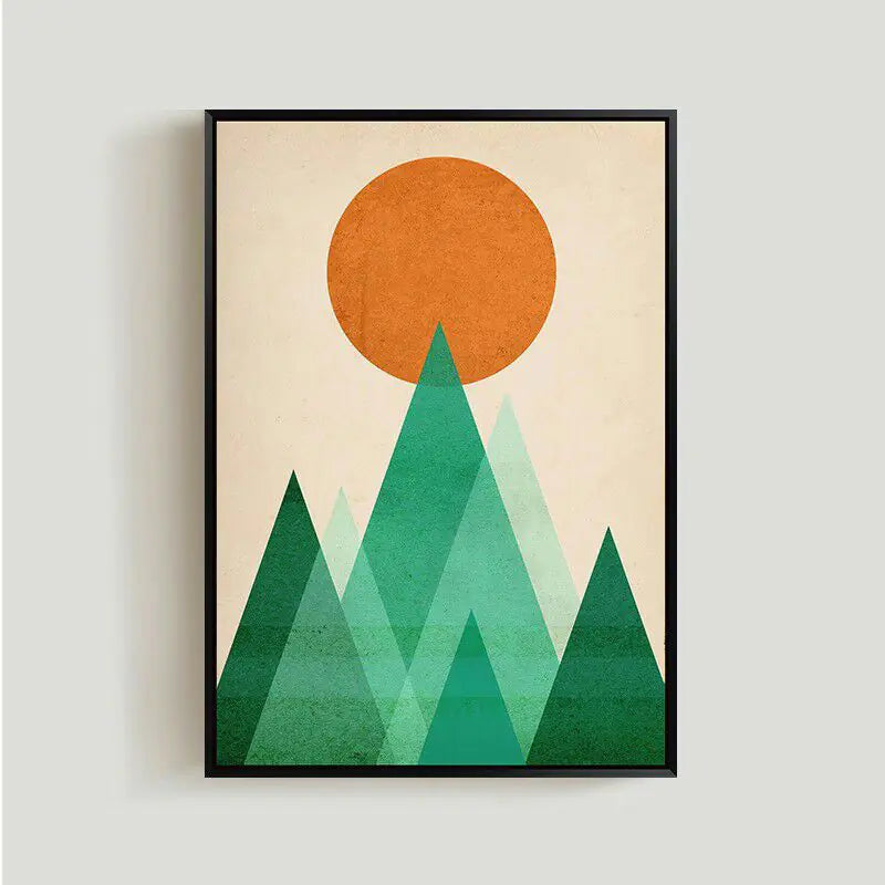 Framed artwork with green mountains and an orange sun on a beige background
