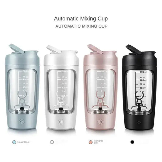 Four automatic mixing cups in blue, white, pink, and black with measurement markings and built-in mixing blades, displayed on a white background.