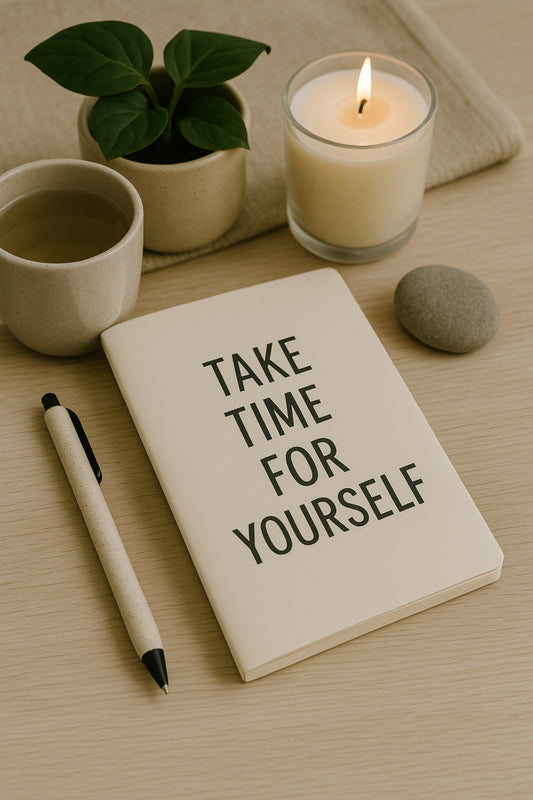 Minimalist light-wood tabletop styled with a cream notebook reading â€œTAKE TIME FOR YOURSELF,â€ an eco-friendly pen, a ceramic cup of tea, a small potted plant, a lit ivory candle, and a smooth grey pebble.