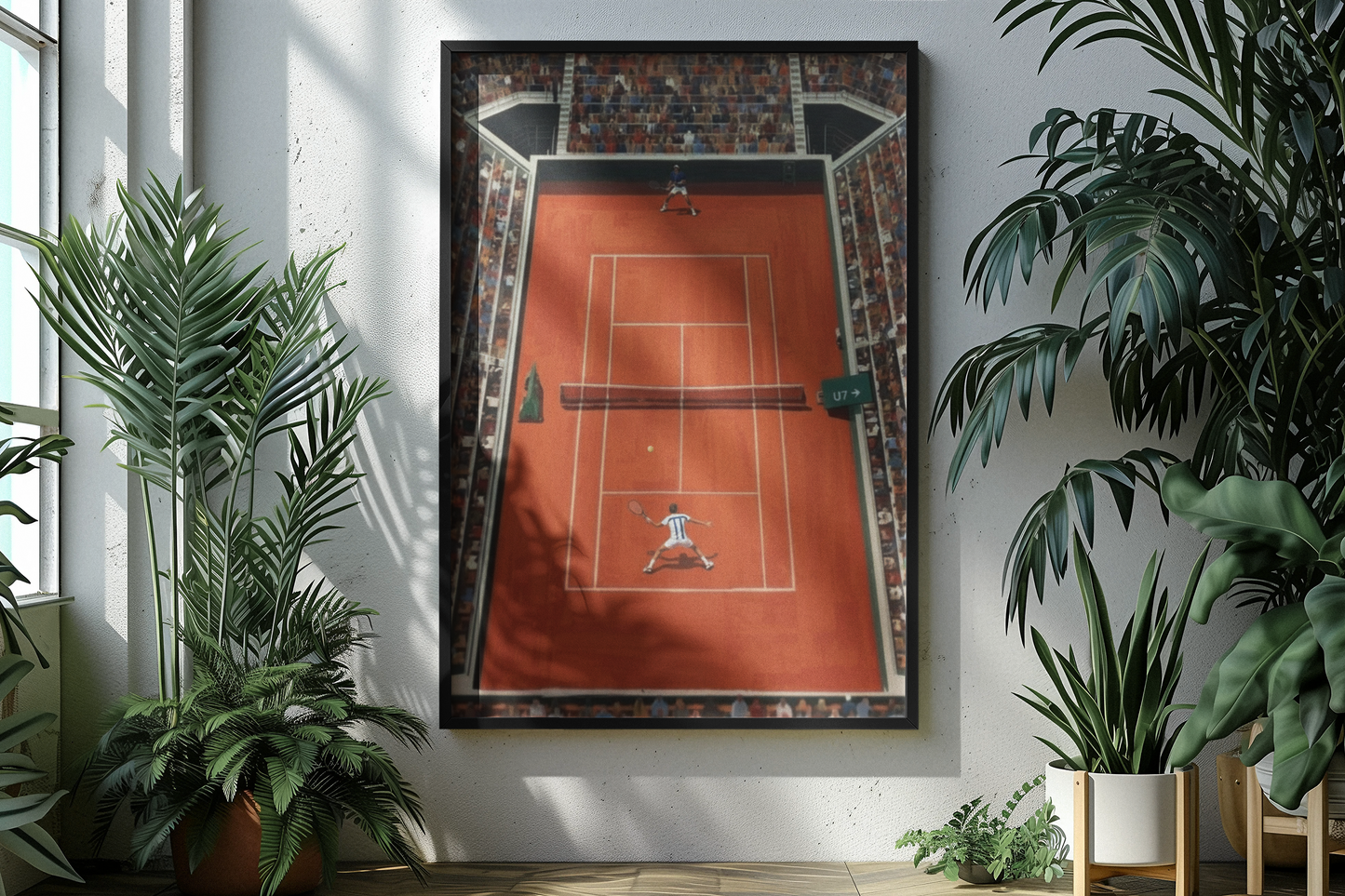 Framed artwork of a tennis court on a wall with plants around