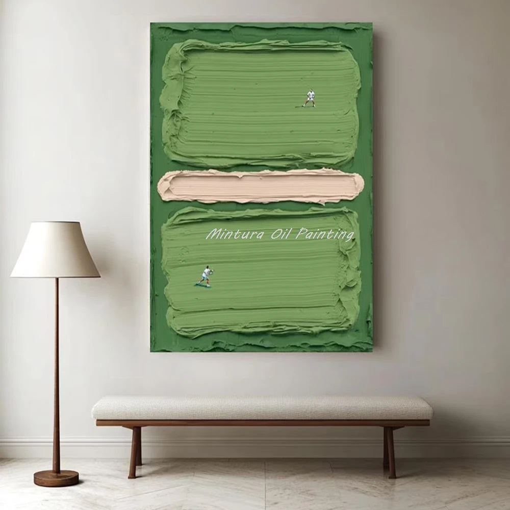 Green abstract Tennis oil painting on a wall above a bench with a lamp.