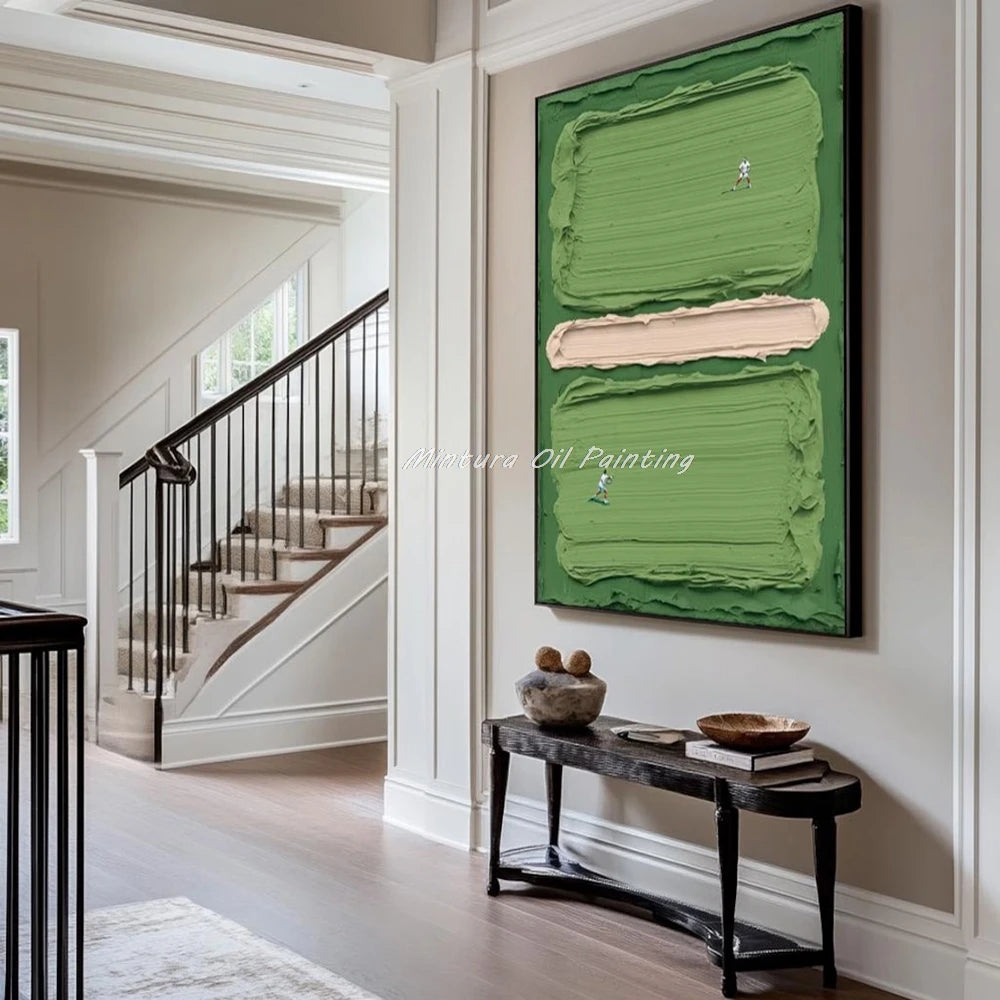 Framed abstract Tennis painting on a wall in a home interior with a staircase.